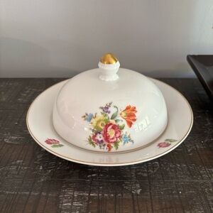 Floral Porcelain Butter Dish with Gold Accent